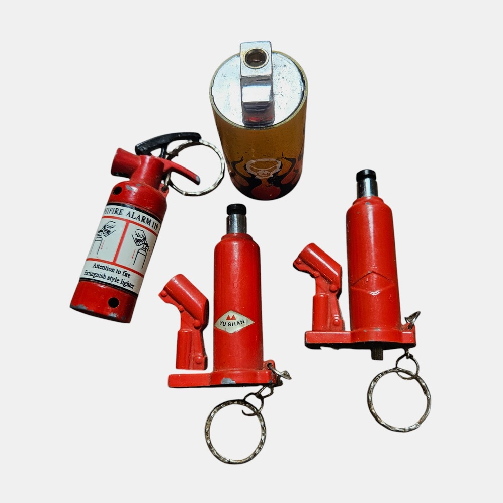 Lot of 4 Vintage Novelty Lighters - Hydraulic Jack, Fire Extinguisher, Untested